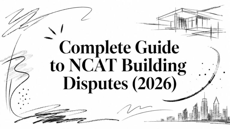 Banner with the title 'Complete Guide to NCAT Building Disputes (2026)' and abstract architectural sketches around it.