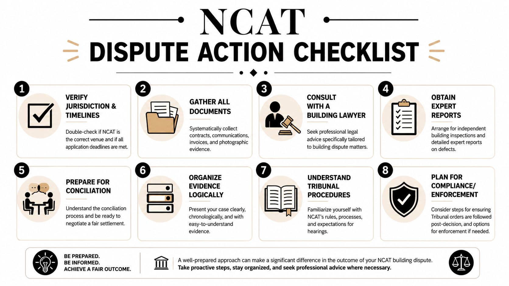 A structured checklist of eight essential steps for navigating building disputes at the NCAT tribunal.