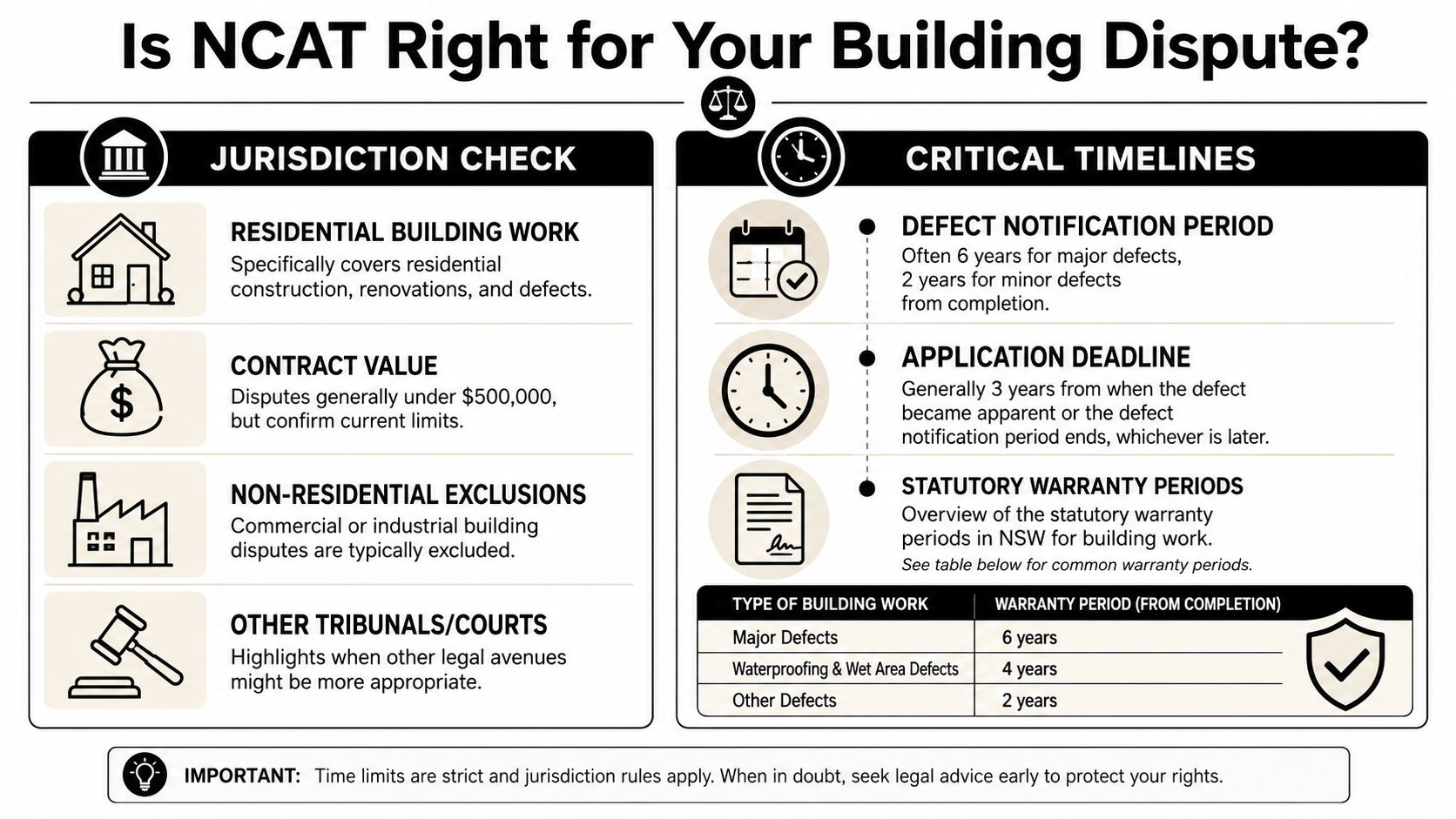 An infographic titled Is NCAT Right for Your Building Dispute explaining jurisdiction rules and critical legal timelines.