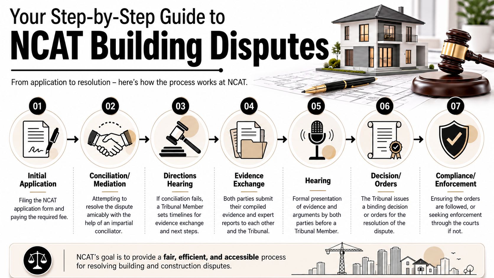 A step-by-step infographic illustrating the seven stages of the NCAT building dispute resolution process.