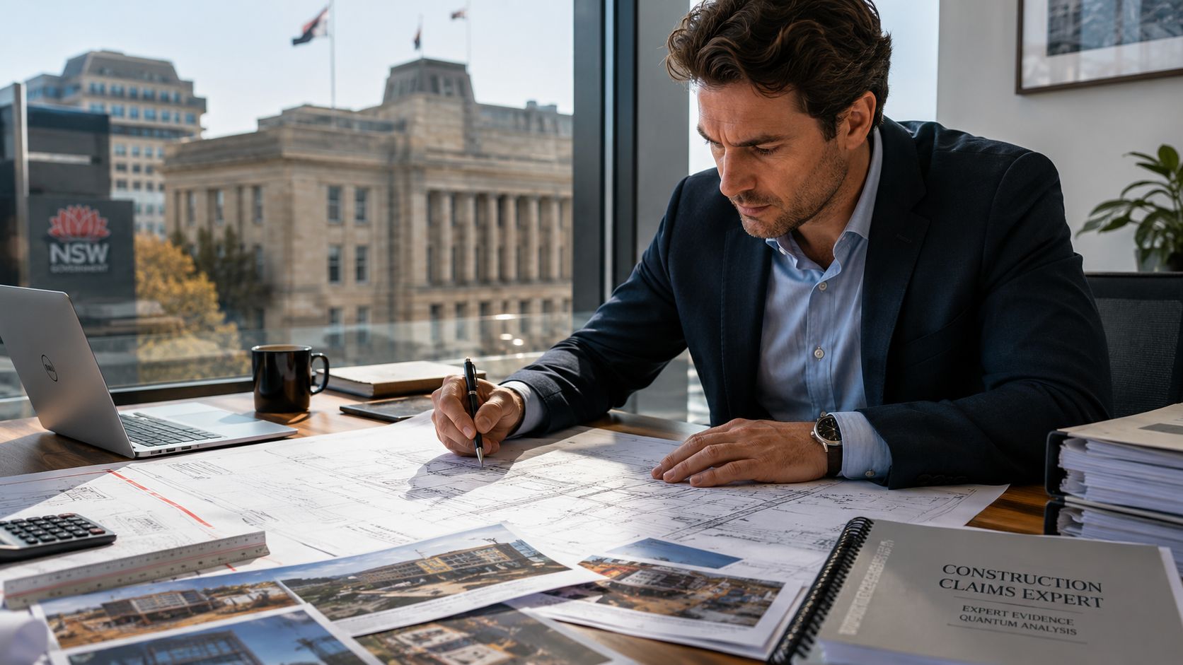 A professional construction claims expert analyzes architectural blueprints and building site photographs in a modern office.