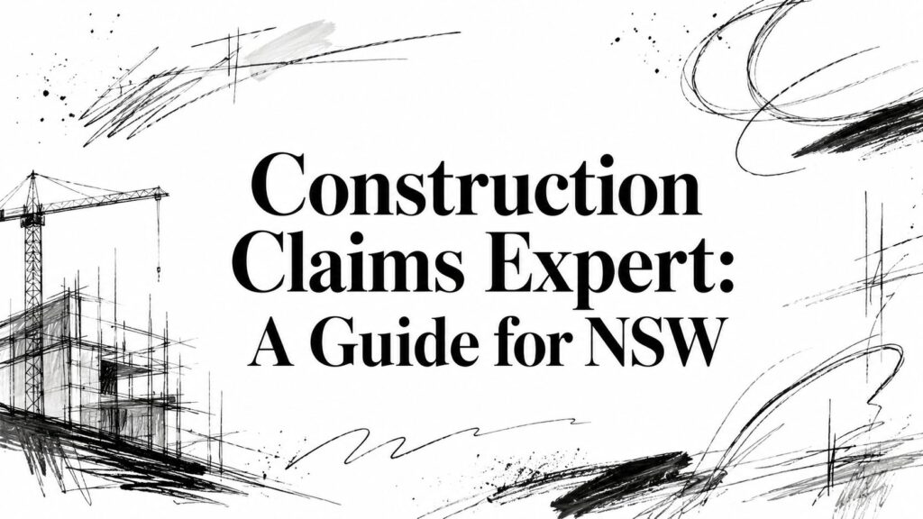 Title text: 'Construction Claims Expert: A Guide for NSW' with hand-drawn construction sketches in the background, like outlines of a building and cranes.