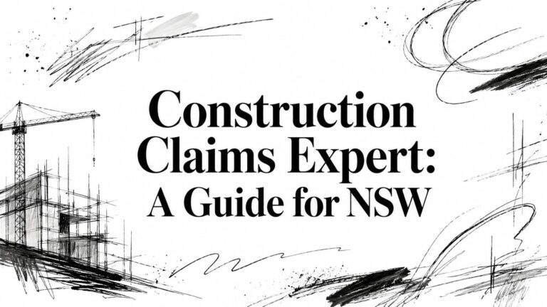 Title text: 'Construction Claims Expert: A Guide for NSW' with hand-drawn construction sketches in the background, like outlines of a building and cranes.