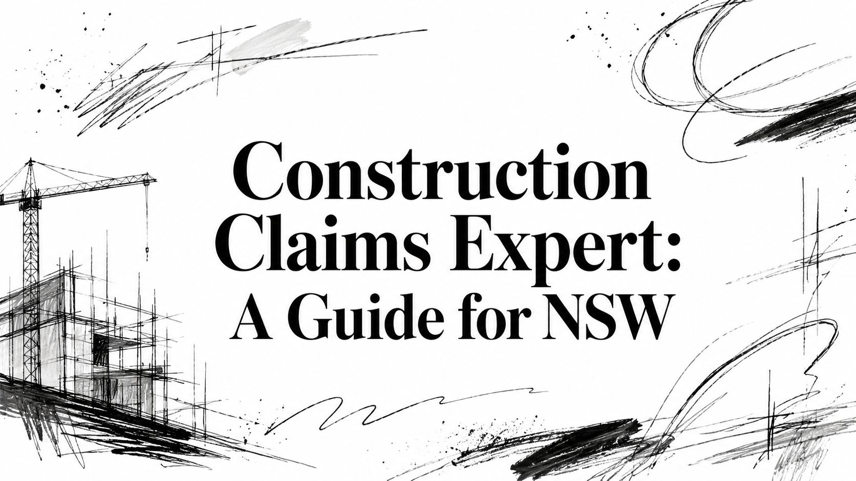 Title text: 'Construction Claims Expert: A Guide for NSW' with hand-drawn construction sketches in the background, like outlines of a building and cranes.