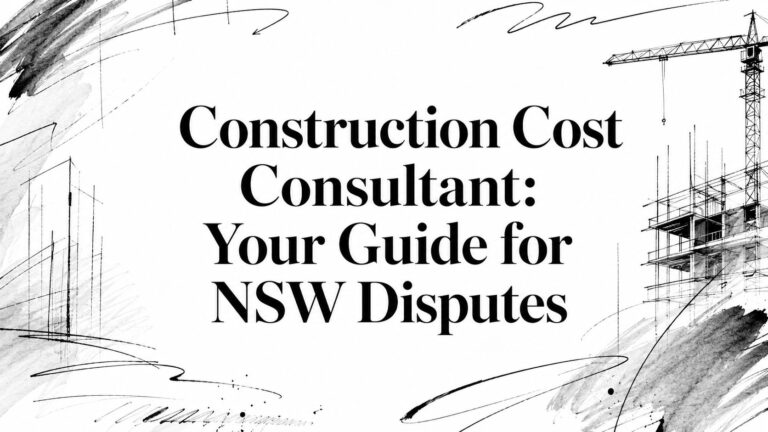 Banner title: Construction Cost Consultant: Your Guide for NSW Disputes, surrounded by black-and-white construction sketches.