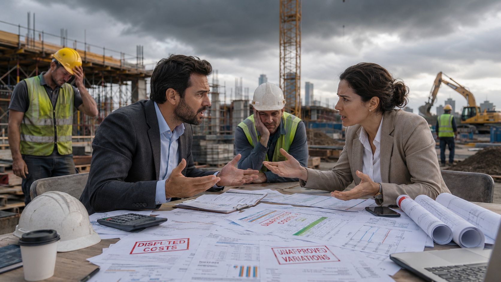 Construction cost consultants having a heated discussion over project documents at a busy building site.