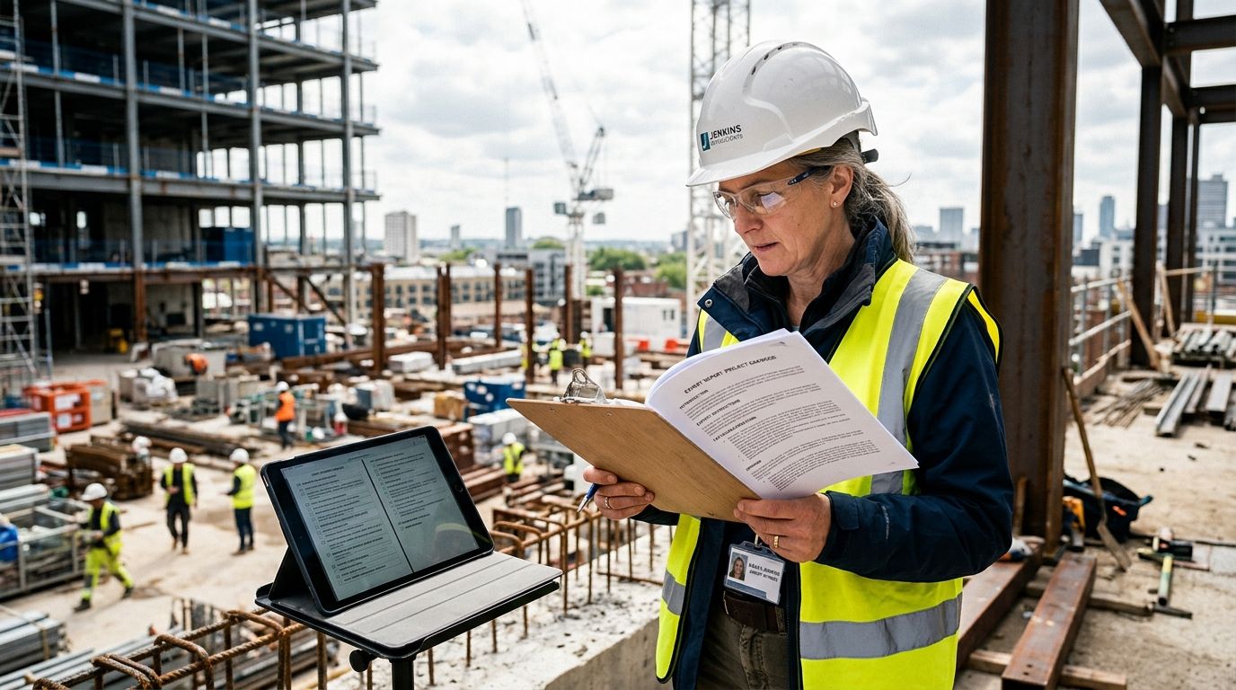 A construction expert witness wearing a hard hat and high visibility vest inspecting project documents on a site.