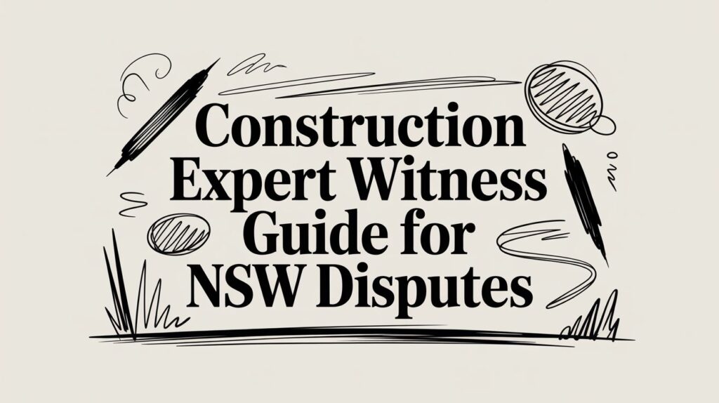 construction-expert-witness-guide - Graphic title: Construction Expert Witness Guide for NSW Disputes, with decorative black doodles on a beige background