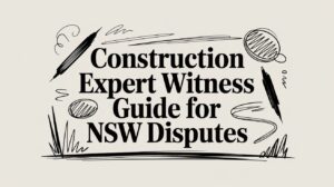 construction-expert-witness-guide - Graphic title: Construction Expert Witness Guide for NSW Disputes, with decorative black doodles on a beige background
