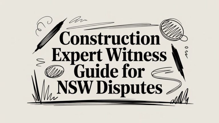 Graphic title: Construction Expert Witness Guide for NSW Disputes, with decorative black doodles on a beige background