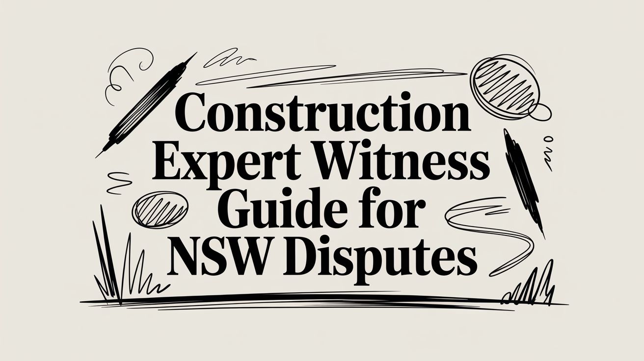 construction-expert-witness-guide - - Graphic title: Construction Expert Witness Guide for NSW Disputes, with decorative black doodles on a beige background