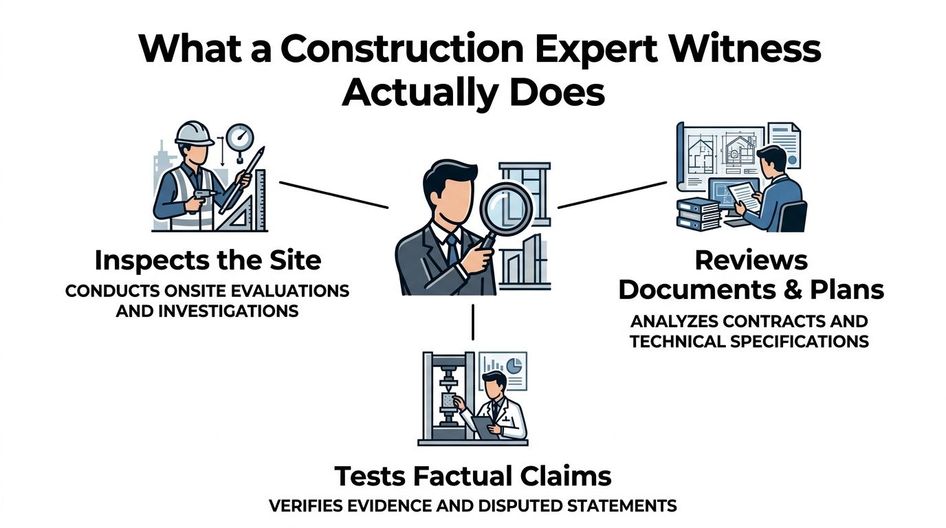A diagram illustrating the three primary roles of a construction expert witness: inspecting sites, reviewing documents, and testing claims.