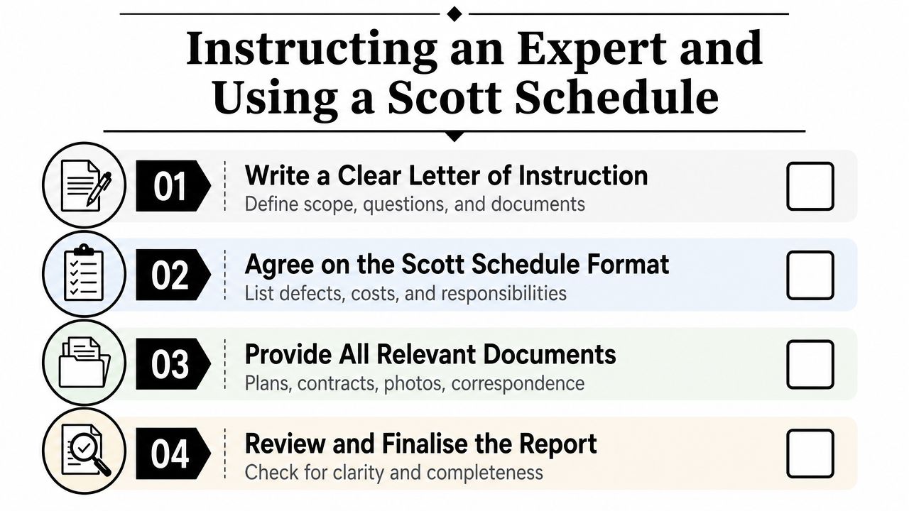 A four-step infographic detailing the process of instructing an expert and utilizing a Scott Schedule in legal disputes.