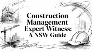 Bold headline: 'Construction Management Expert Witness: A NSW Guide' with sketchy construction drawings and a hard hat.