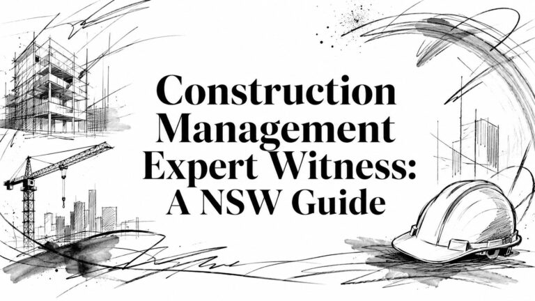 Bold headline: 'Construction Management Expert Witness: A NSW Guide' with sketchy construction drawings and a hard hat.