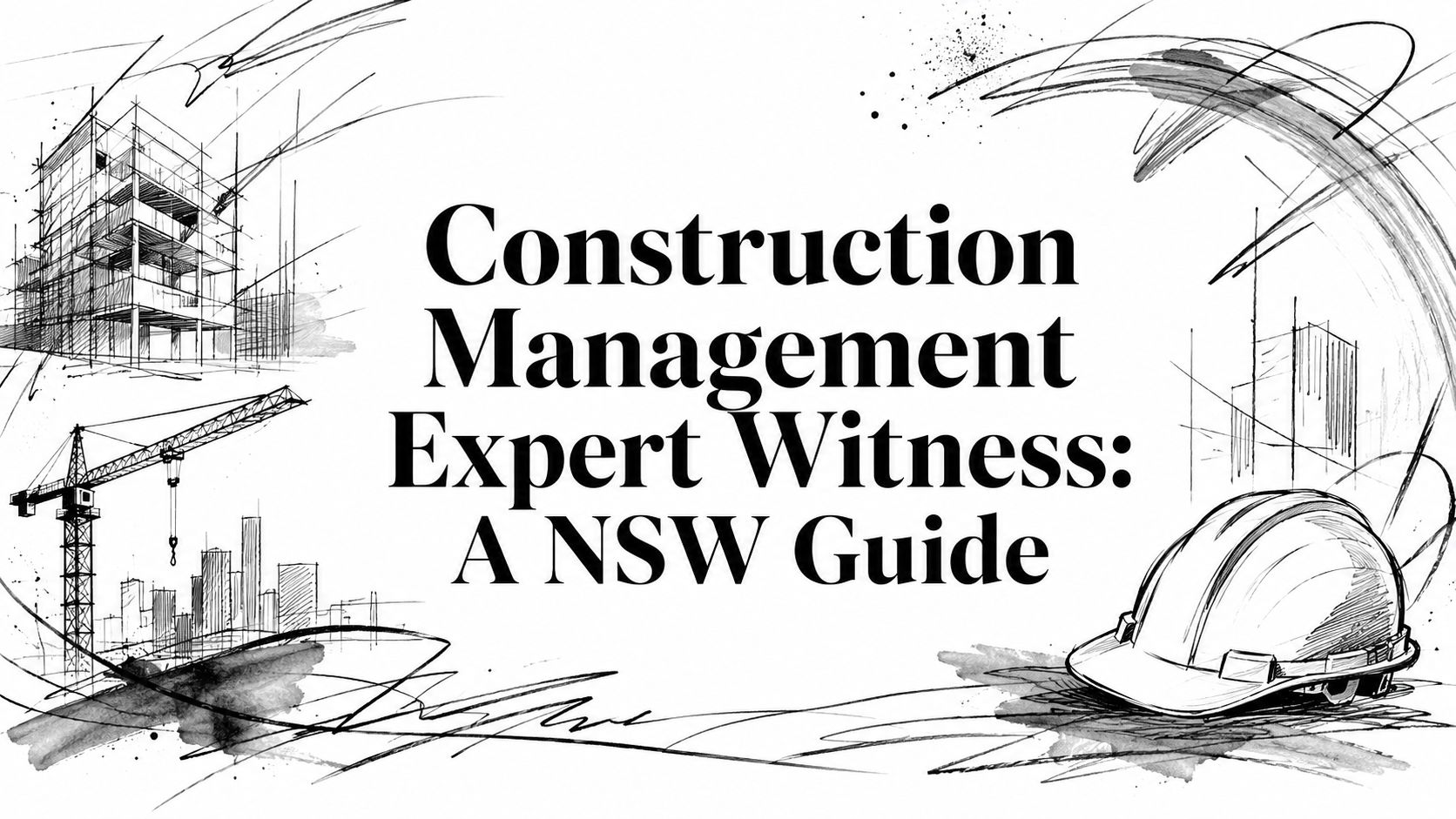 Bold headline: 'Construction Management Expert Witness: A NSW Guide' with sketchy construction drawings and a hard hat.