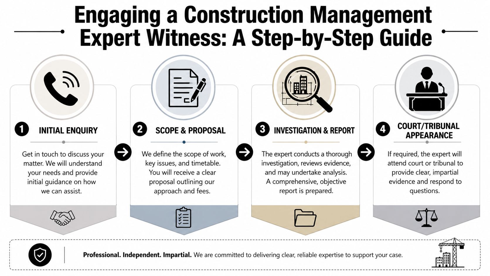 A four-step guide infographic explaining the process of hiring a construction management expert witness for legal cases.