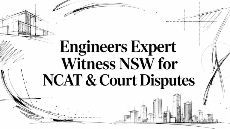 Banner announcing Engineers Expert Witness NSW for NCAT & Court Disputes, with sketched architectural lines and skyline.