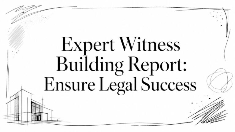 Cover slide with the title 'Expert Witness Building Report: Ensure Legal Success' in large serif font; includes a hand-drawn border and architectural sketch in the corner.