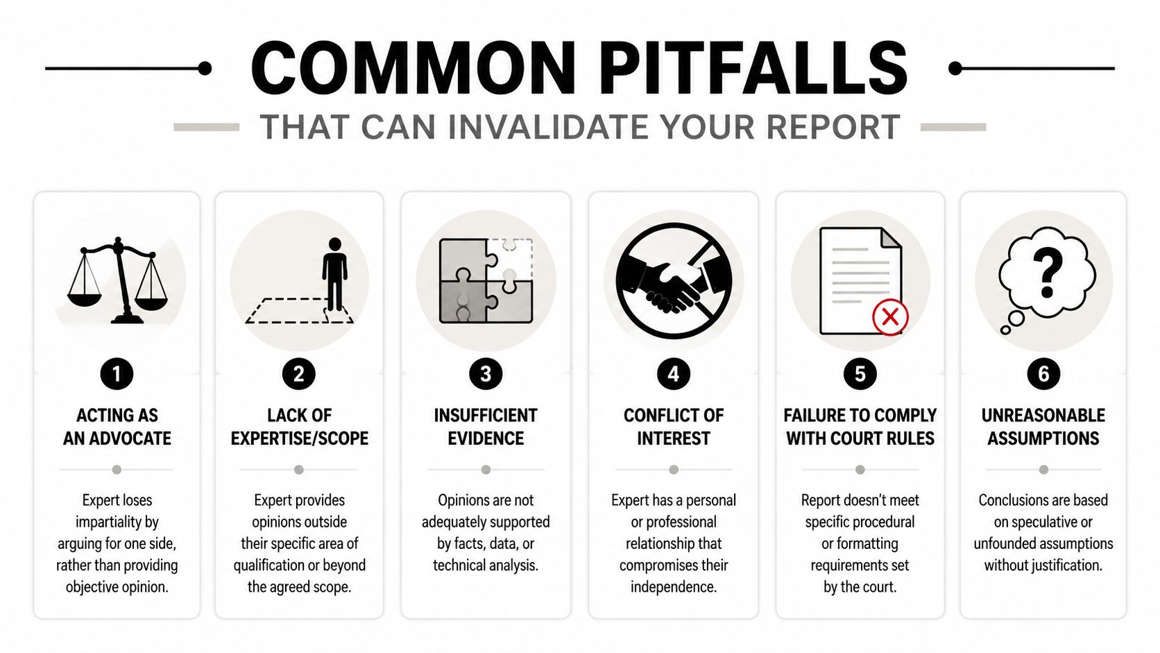 An infographic titled Common Pitfalls That Can Invalidate Your Report outlining six key mistakes for experts.