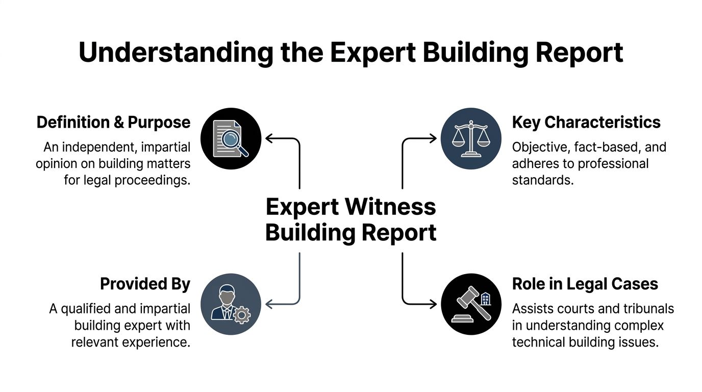 An infographic titled Understanding the Expert Building Report explaining its definition, key characteristics, provider, and role.