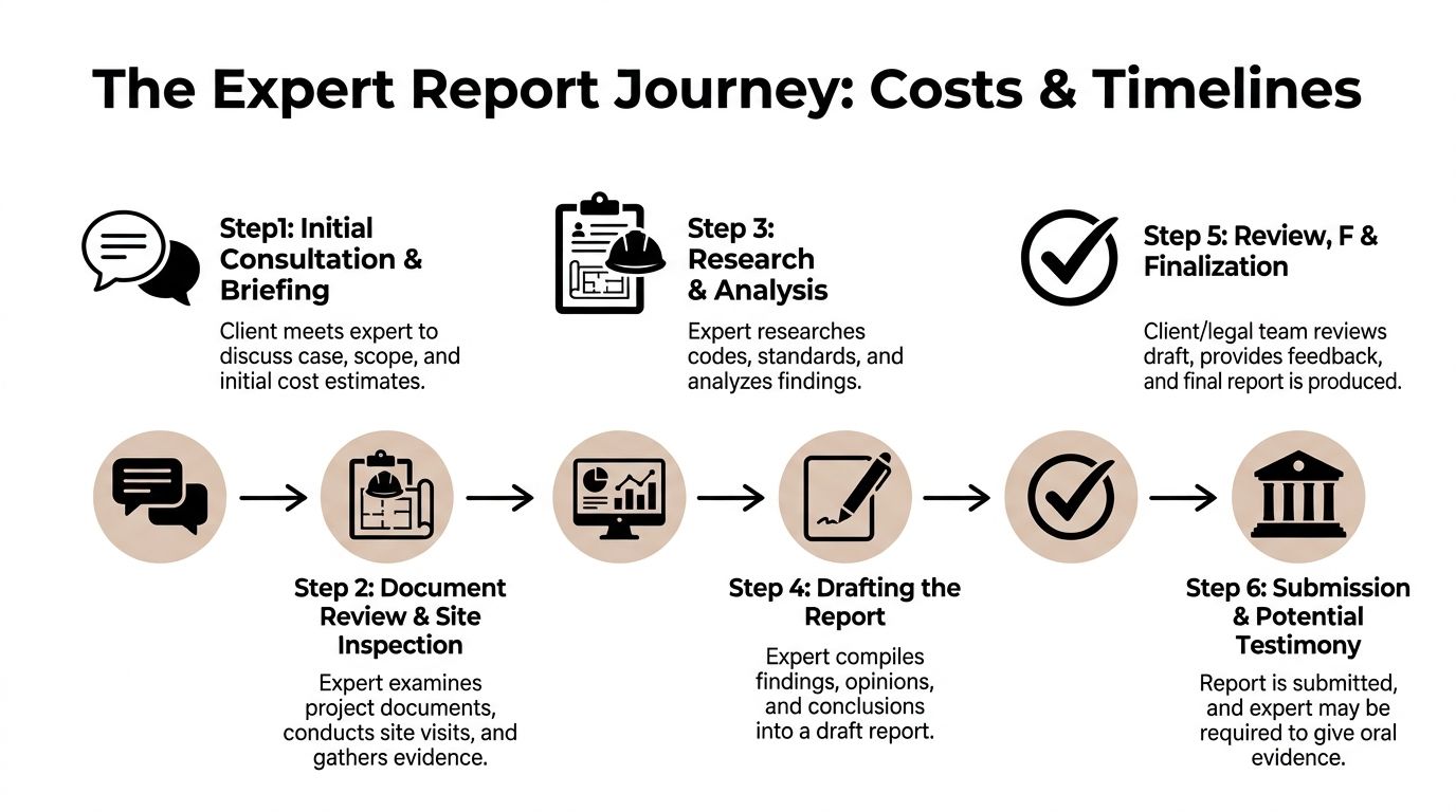 A diagram illustrating the six-step process for creating an expert witness building report.
