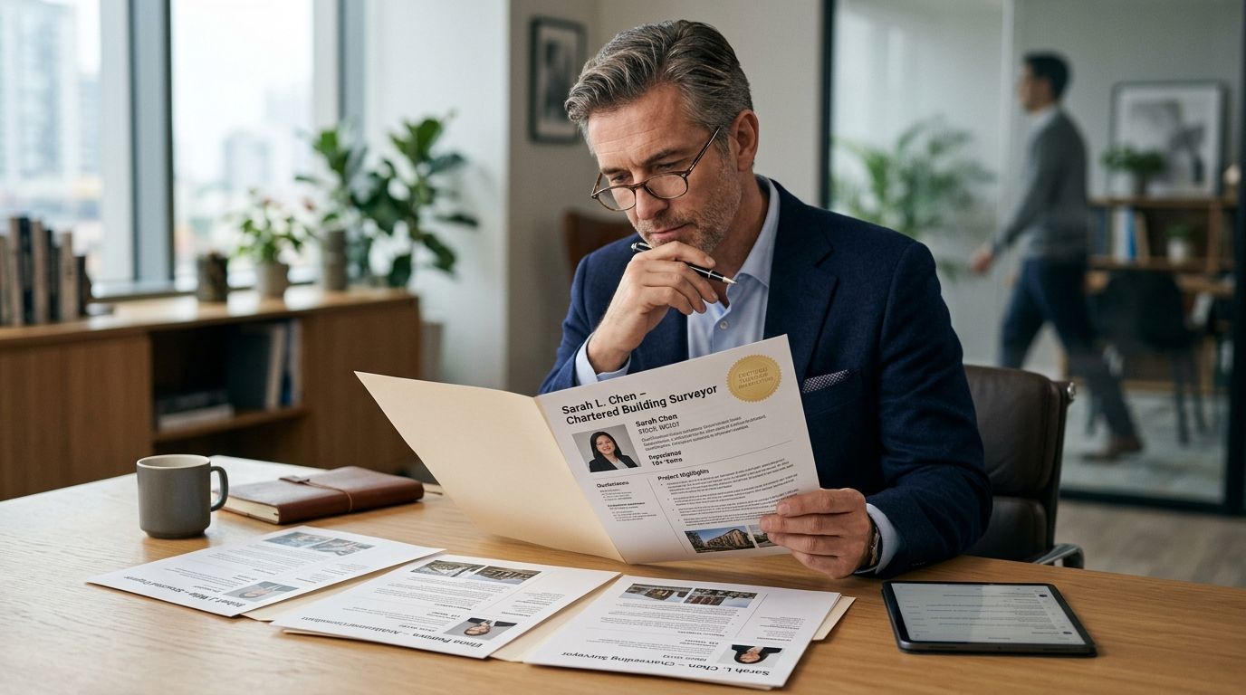 A professional man in a suit examines a building survey report document while seated at an office desk.