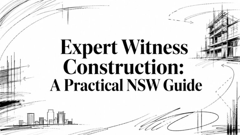 Cover image with bold title: 'Expert Witness Construction: A Practical NSW Guide' and abstract construction sketches in the background, left and right panels.