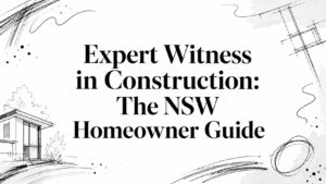 Title card: 'Expert Witness in Construction: The NSW Homeowner Guide' with architectural sketches and doodles in black on white background