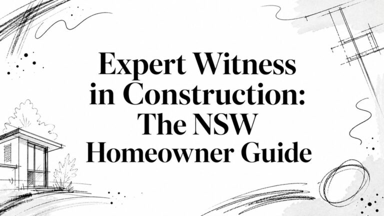 Title card: 'Expert Witness in Construction: The NSW Homeowner Guide' with architectural sketches and doodles in black on white background