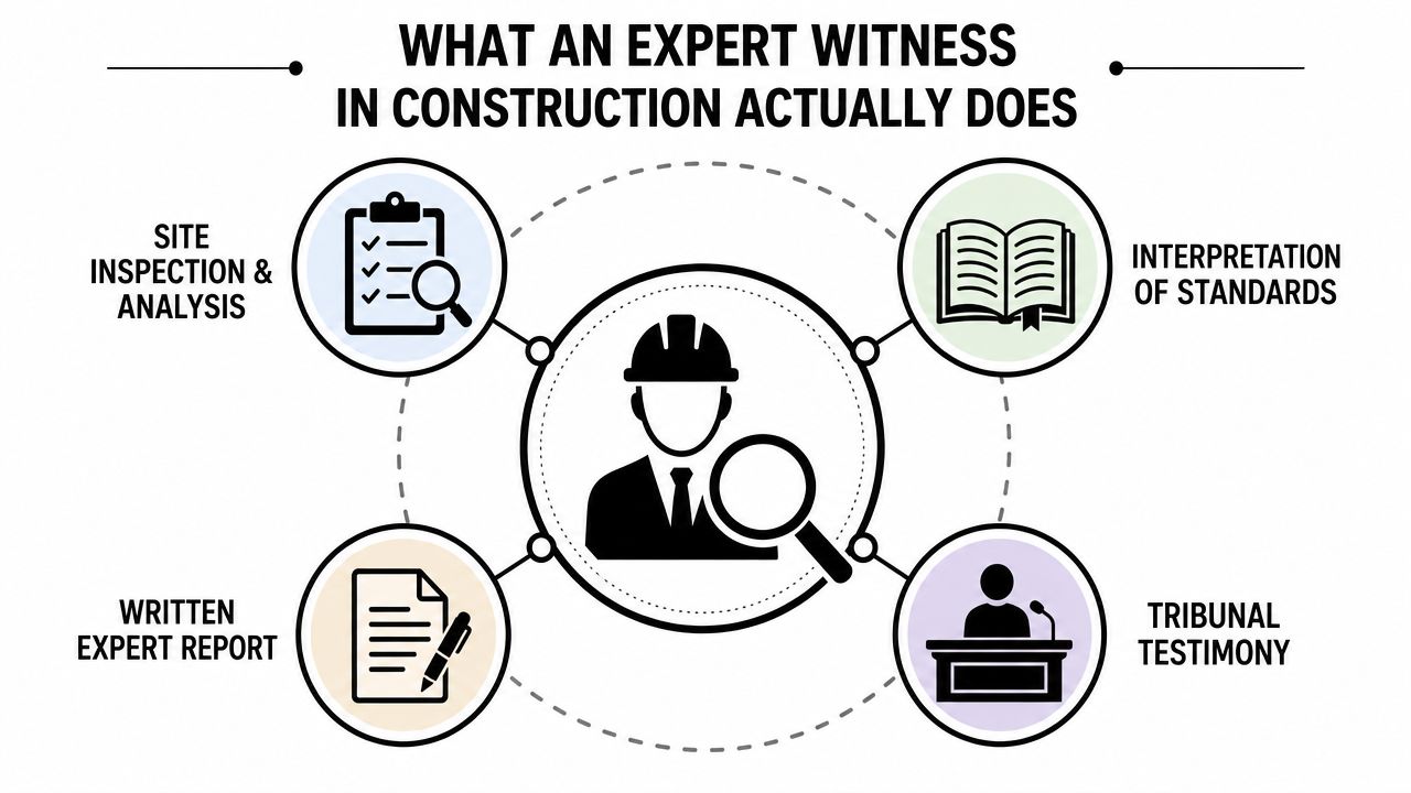 A diagram illustrating the four key responsibilities of an expert witness in construction, including inspection, reporting, and testimony.