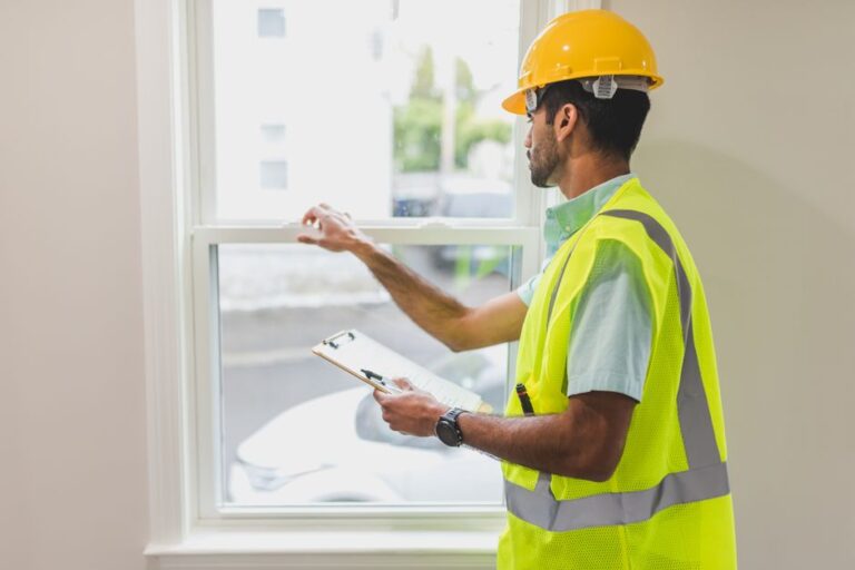 Construction worker in a yellow hard hat and high-visibility vest inspects a window, clipboard in hand.