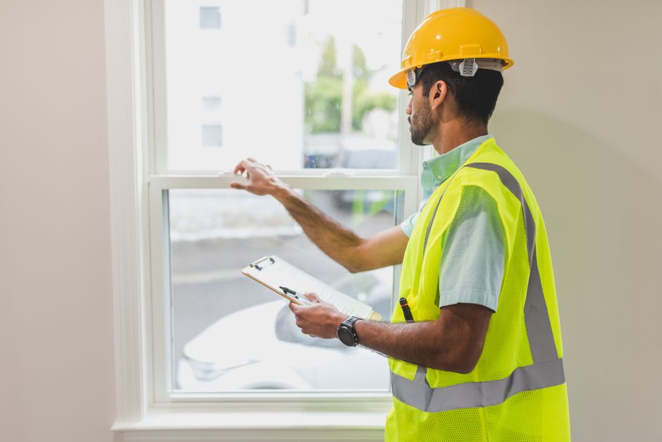 featured-8292802 - - Construction worker in a yellow hard hat and high-visibility vest inspects a window, clipboard in hand.