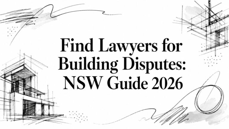 Bold banner reading 'Find Lawyers for Building Disputes: NSW Guide 2026' with architectural sketches around it, conveying a legal/building guide theme.