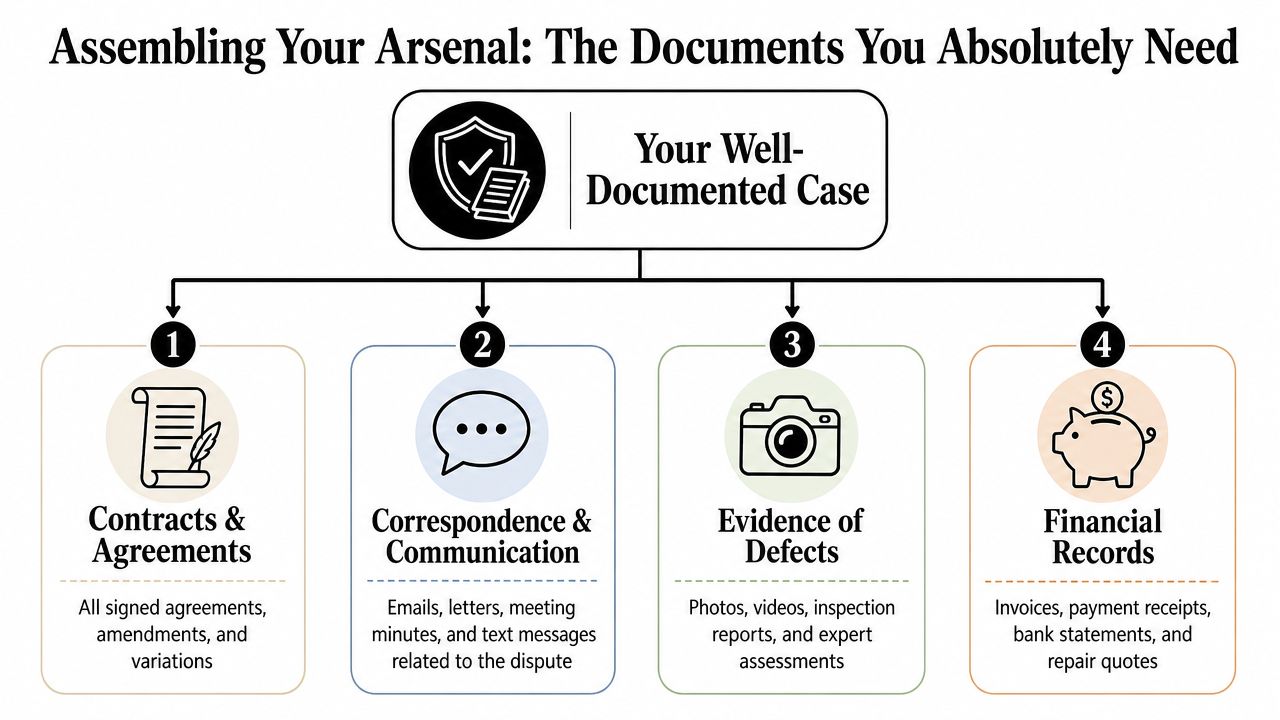 A diagram outlining four essential categories of documents needed to build a strong legal case for disputes.