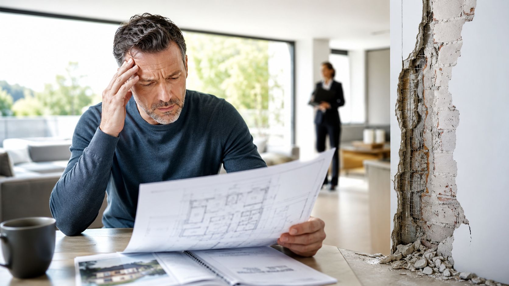 A stressed homeowner reviewing construction blueprints next to a damaged wall while a professional stands in background.