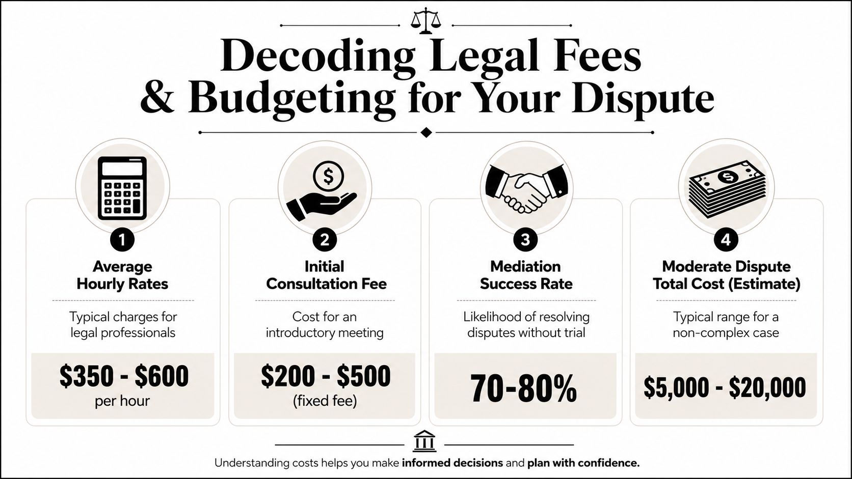 An infographic titled Decoding Legal Fees and Budgeting for Your Dispute showing average costs for legal services.