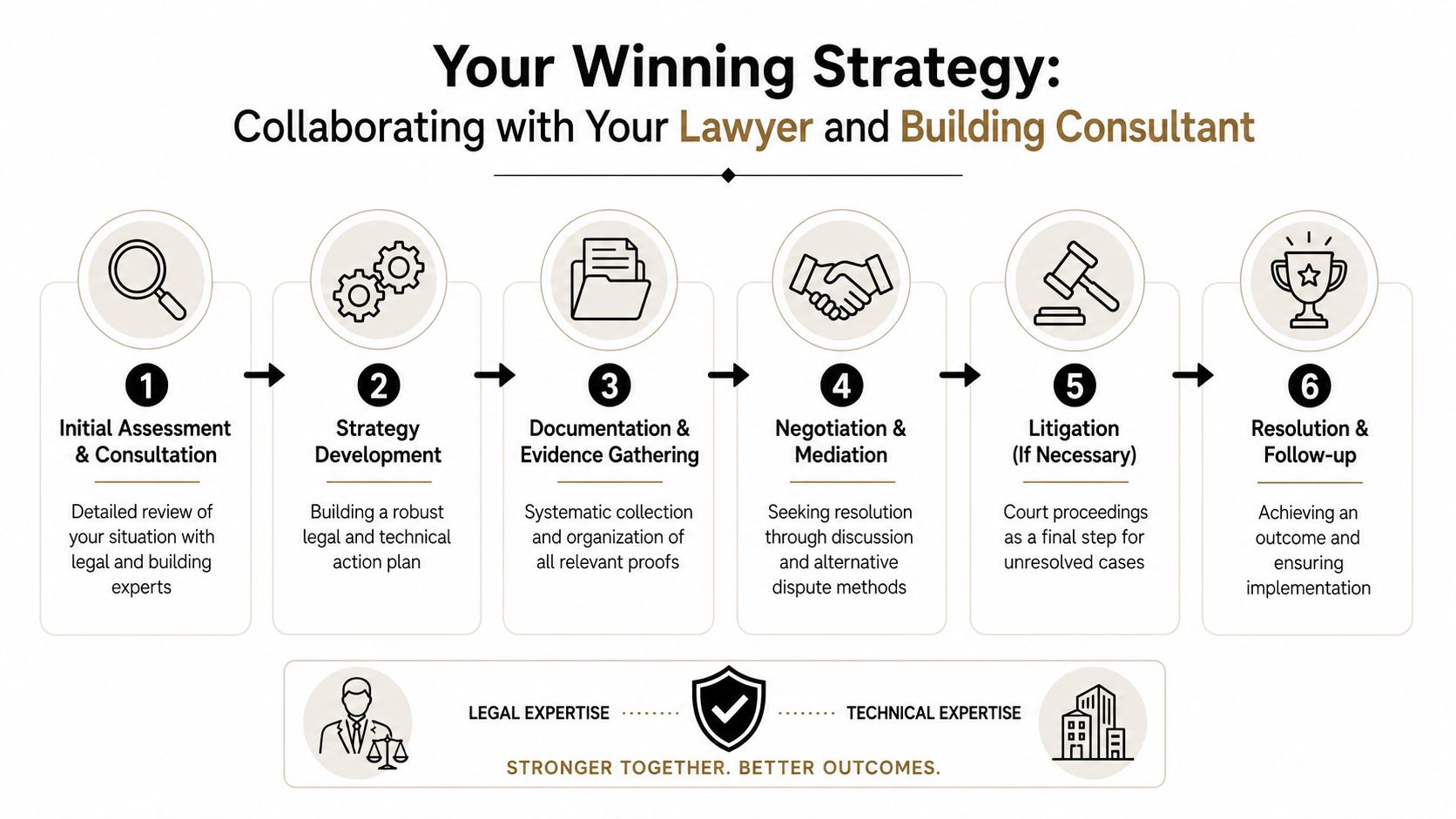 A six-step infographic showing the collaborative strategy process between lawyers and building consultants for legal cases.