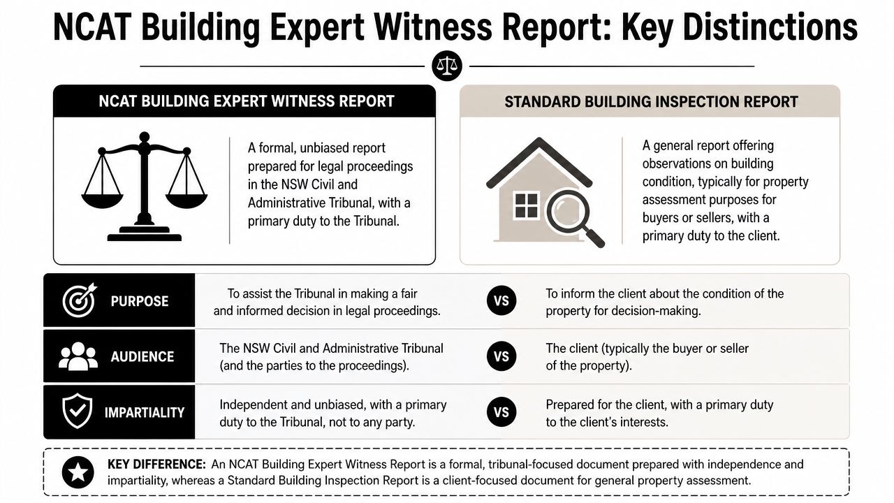 A comparison chart outlining key differences between an NCAT building expert witness report and a standard inspection report.