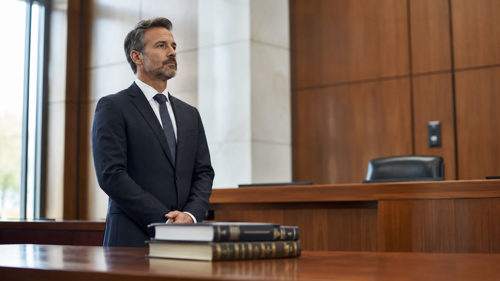 A professional man in a suit standing in a courtroom setting next to law books.