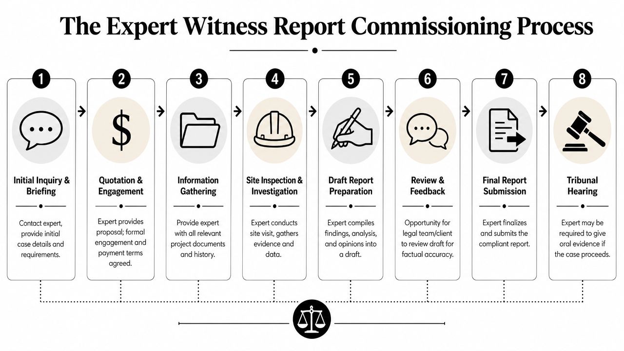 An infographic illustrating the eight-step process for commissioning an expert witness report for legal proceedings.