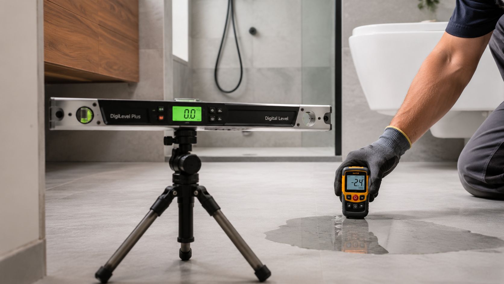 A professional technician uses digital measuring tools to check floor levels and detect moisture in a bathroom.