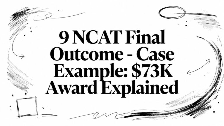 Headline graphic: '9 NCAT Final Outcome - Case Example: $73K Award Explained' with black brushstroke borders.