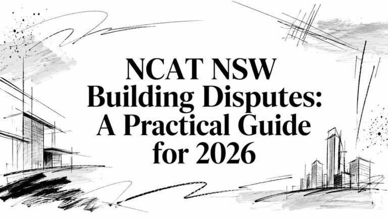 Cover title: NCAT NSW Building Disputes: A Practical Guide for 2026, with abstract architectural sketches.