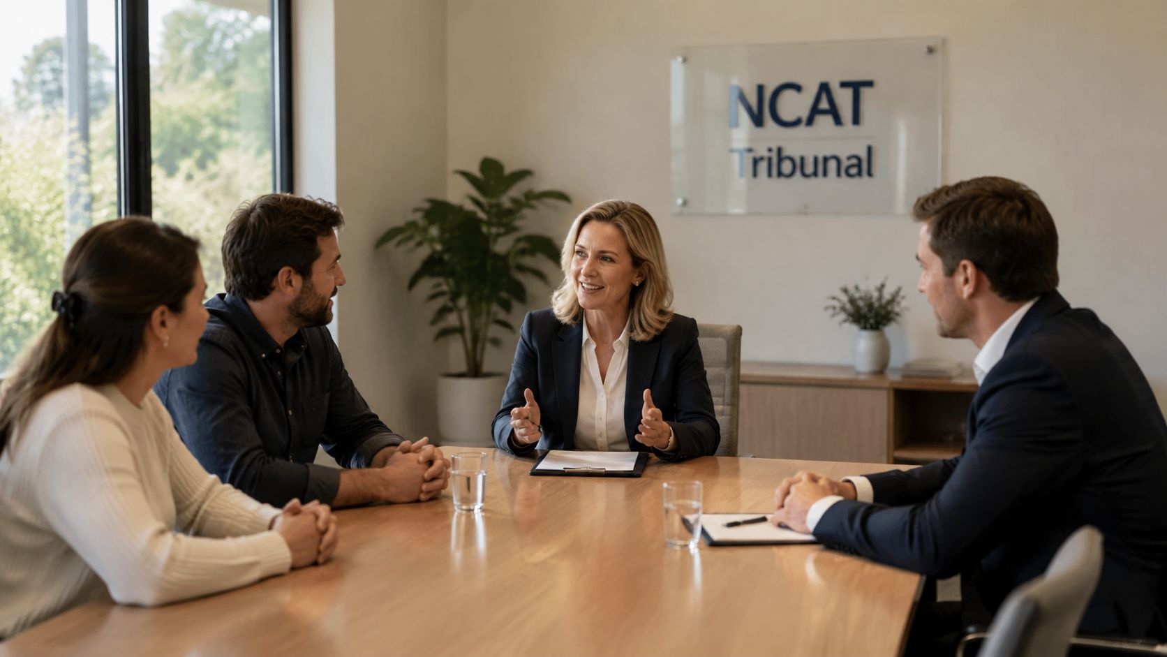 A professional woman in a suit speaks to a group during a meeting at the NCAT Tribunal.