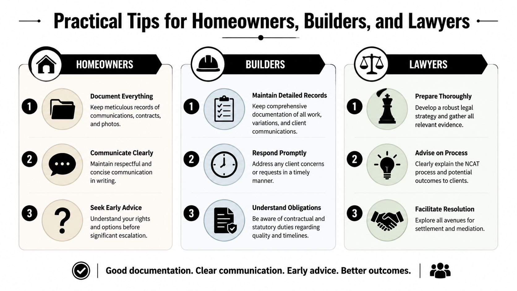 An infographic titled Practical Tips for Homeowners, Builders, and Lawyers, outlining advice for each professional group.