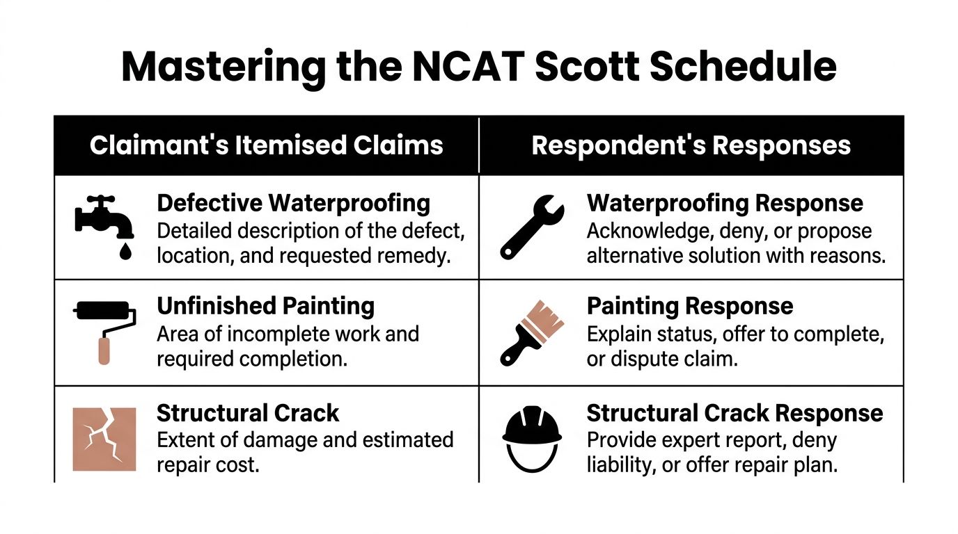 A table outlining the NCAT Scott Schedule process for documenting building disputes between claimants and respondents.