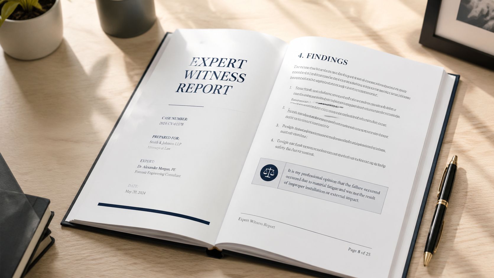 An open expert witness report document lying on a desk next to a pen and potted plant.