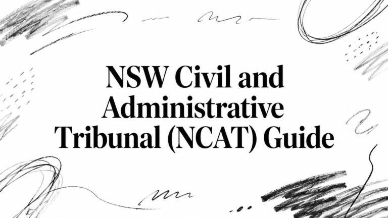 Cover image with the title 'NSW Civil and Administrative Tribunal (NCAT) Guide' surrounded by abstract black pencil doodles on a white background