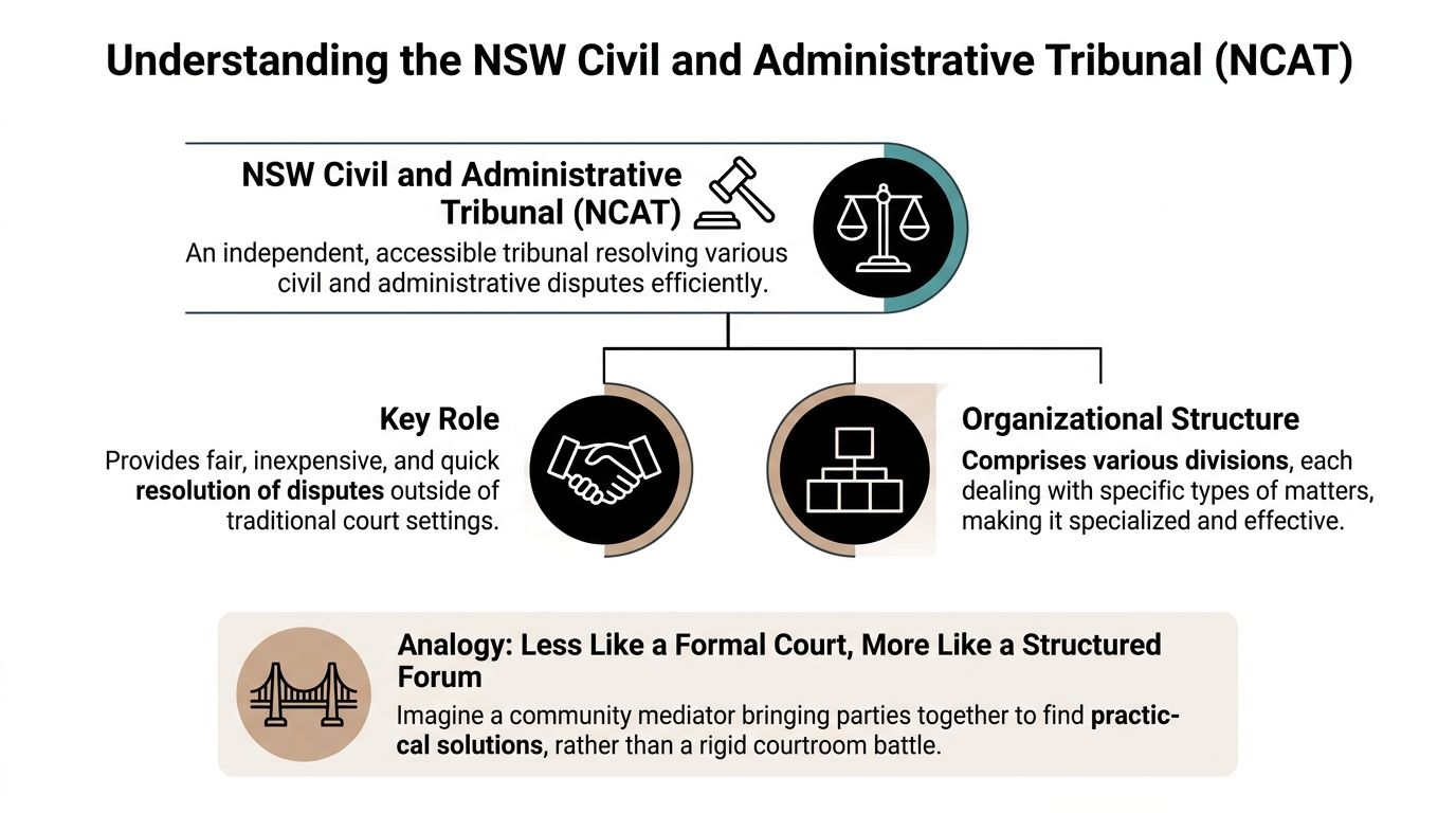 An infographic explaining the role and structure of the NSW Civil and Administrative Tribunal in Australia.